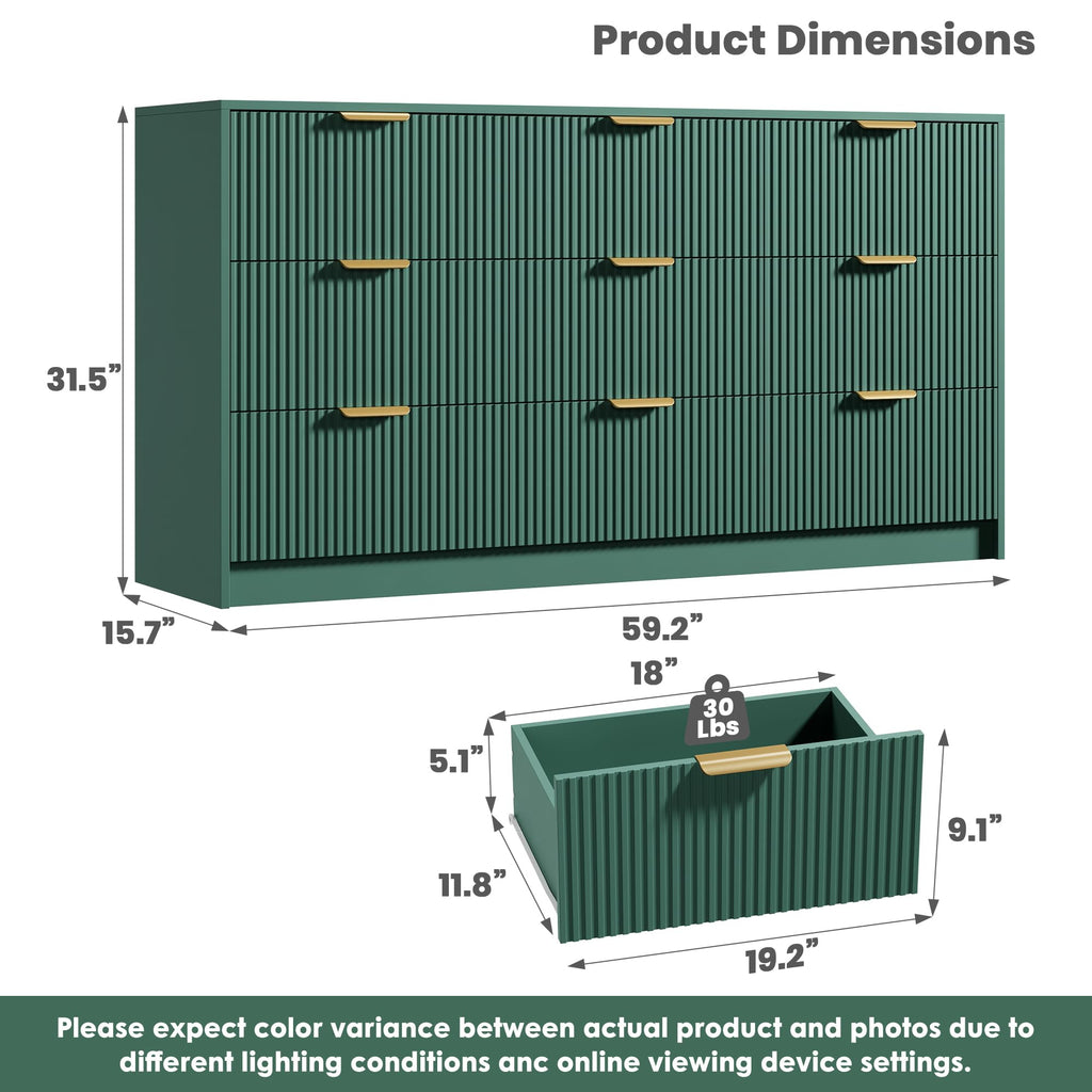 9 Drawers Dresser - Modern Fluted Double Chest of Drawers, Green
