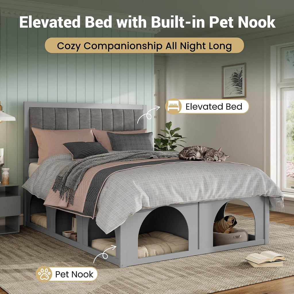 Queen Size Pet-Friendly Platform Bed, with Under-Bed Nook, Heavy Duty Bed Frame, Light Gray