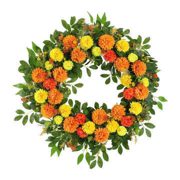 26" Large Fall Wreath for Front Door, Artificial Orange Yellow Marigold Floral Wreath with Green Leaves, Flower