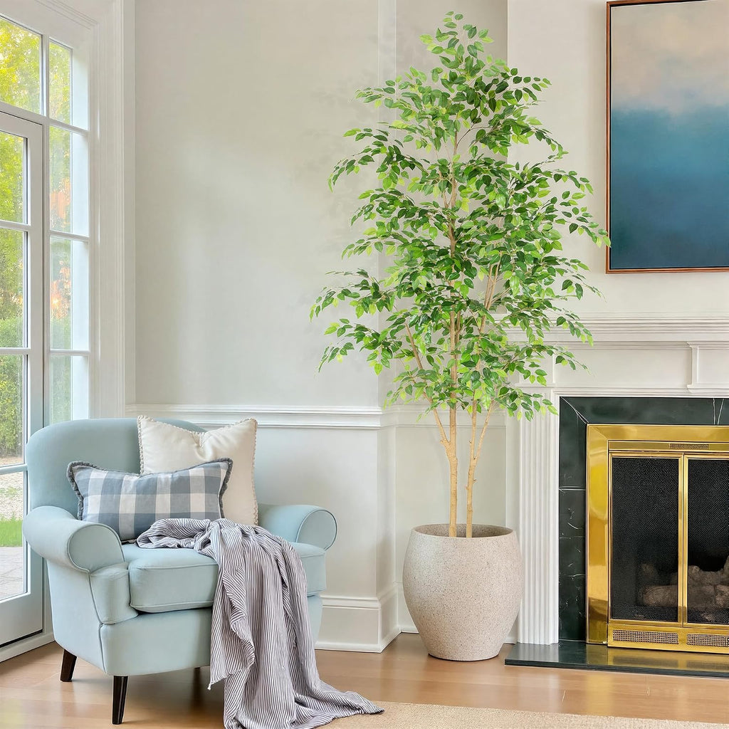 Tall UV Resistant Ficus Tree Artificial,8ft(96in) Realistic Texture Potted Faux Ficus Tree, Fake Trees Indoor Outdoor