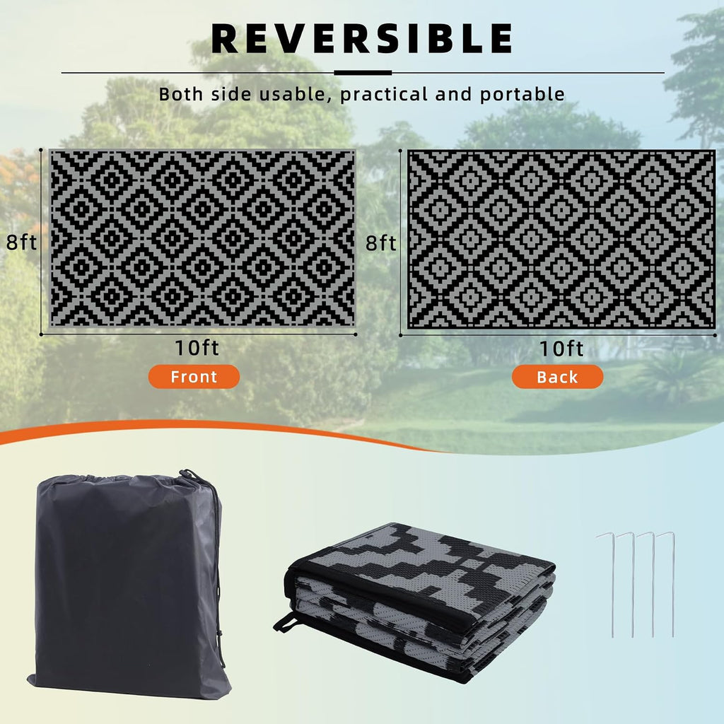 Outdoor Rug Black & Grey Waterproof Reversible Carpet Mat