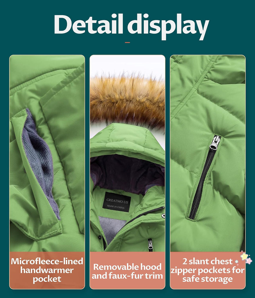 Boy's Winter Parka Water Resistant Hooded Puffer Fleece Lined Jackets Coats