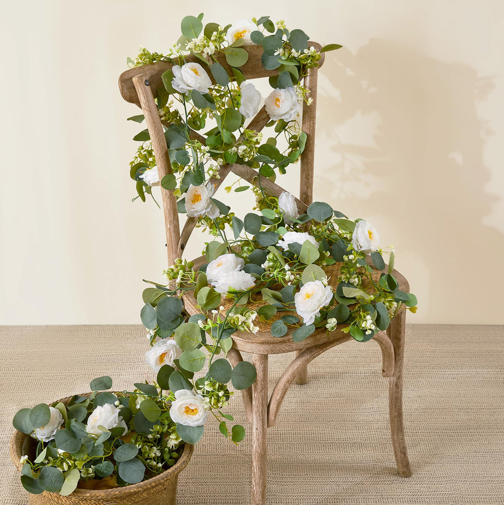 6Ft Artificial Eucalyptus White Flower Garland with Roses, 2 Pack