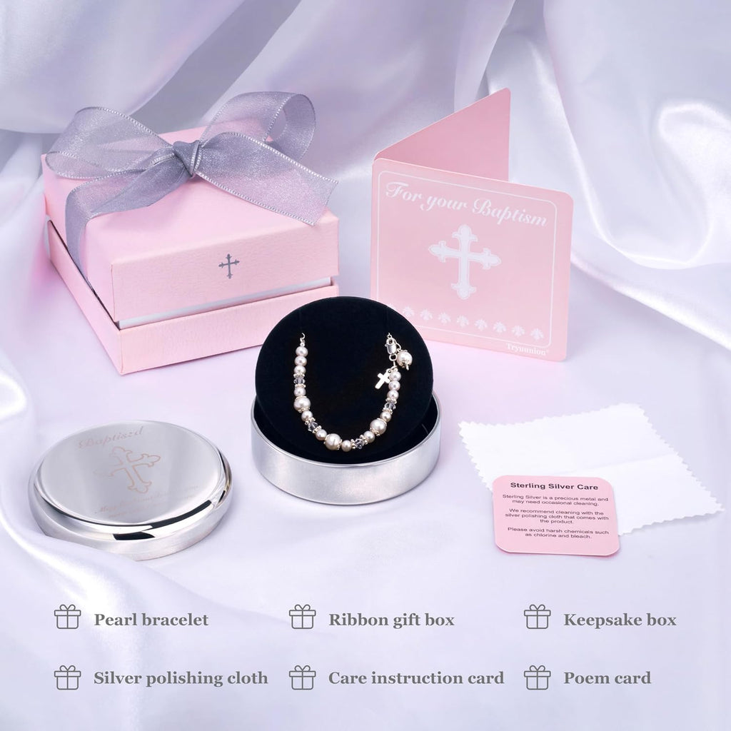 Baptism Bracelet in 925 Sterling Silver and Cultured Pearls for Baby Girls, with Silver-plated Jewelry Keepsake Box