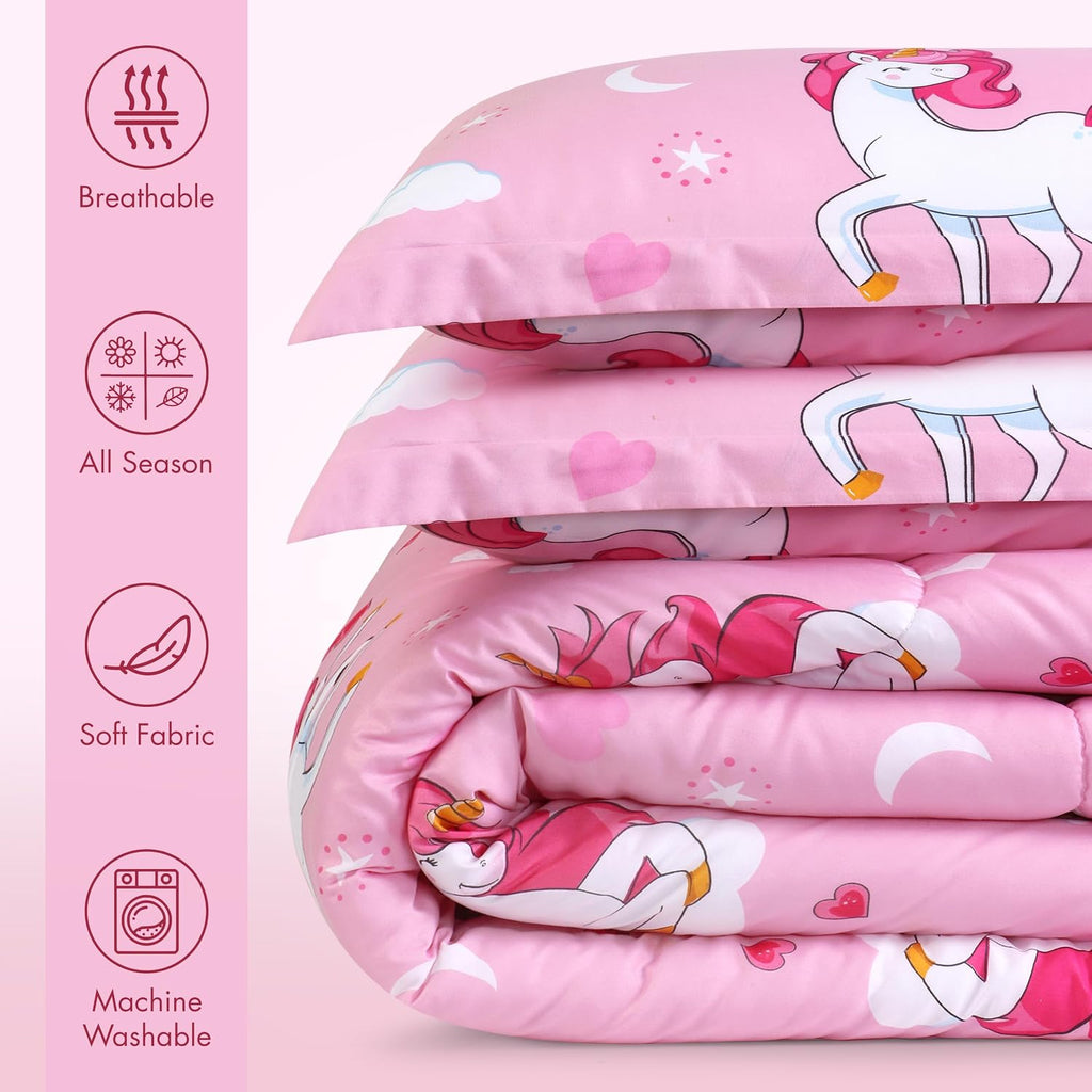 Unicorn Kids Comforter Set with 2 Pillow Shams, 3 Piece Soft Microfiber Twin Bed Comforter with Pillow Shams, Printed