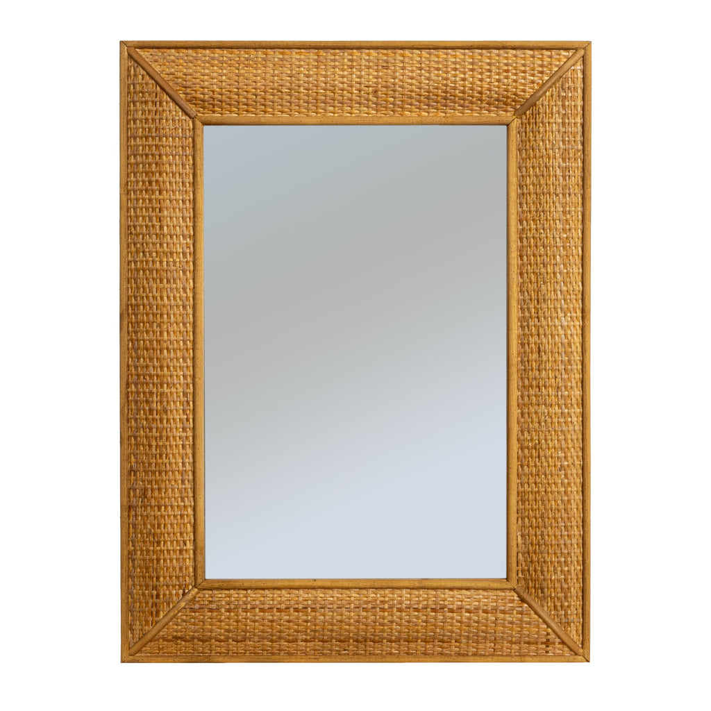 Rectangle Wood Framed Wall Mirror with Rattan Detail, Brown