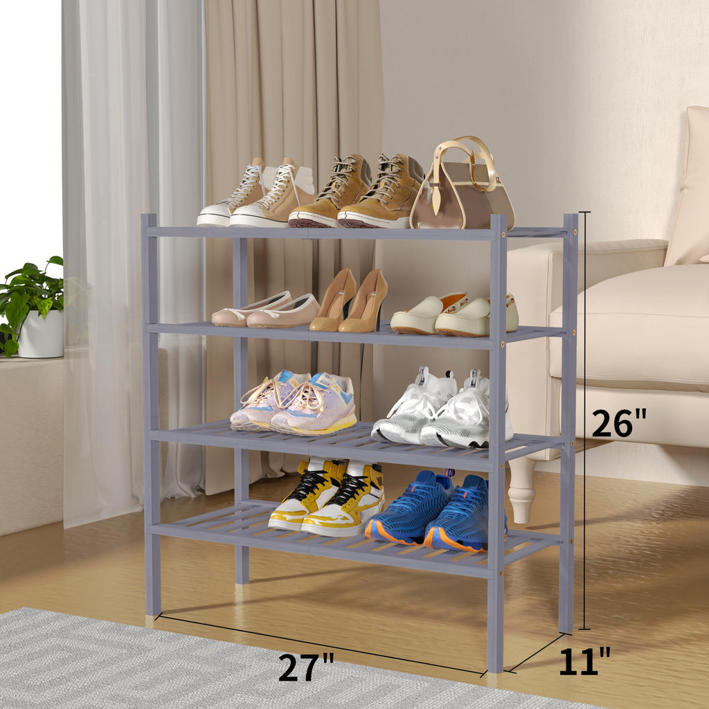 4 Tier Bamboo Shoe Rack for Closet Free Standing Wood Shoe Shelf Small Space Stackable 27"x11"x26" (Grey)