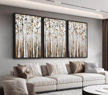 Large Framed Tree Wall Art, Abstract Birch Forest Decor, 20"x28" Set of 3