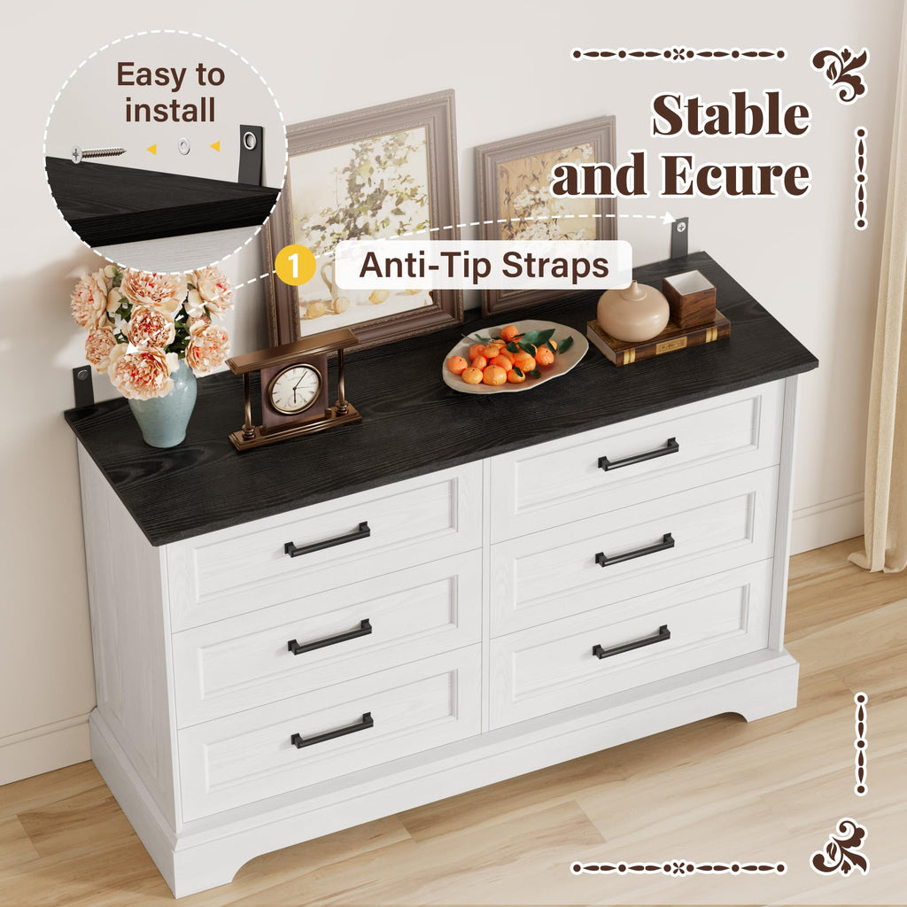 Farmhouse Dresser, 6 Drawers Dresser, White & Black