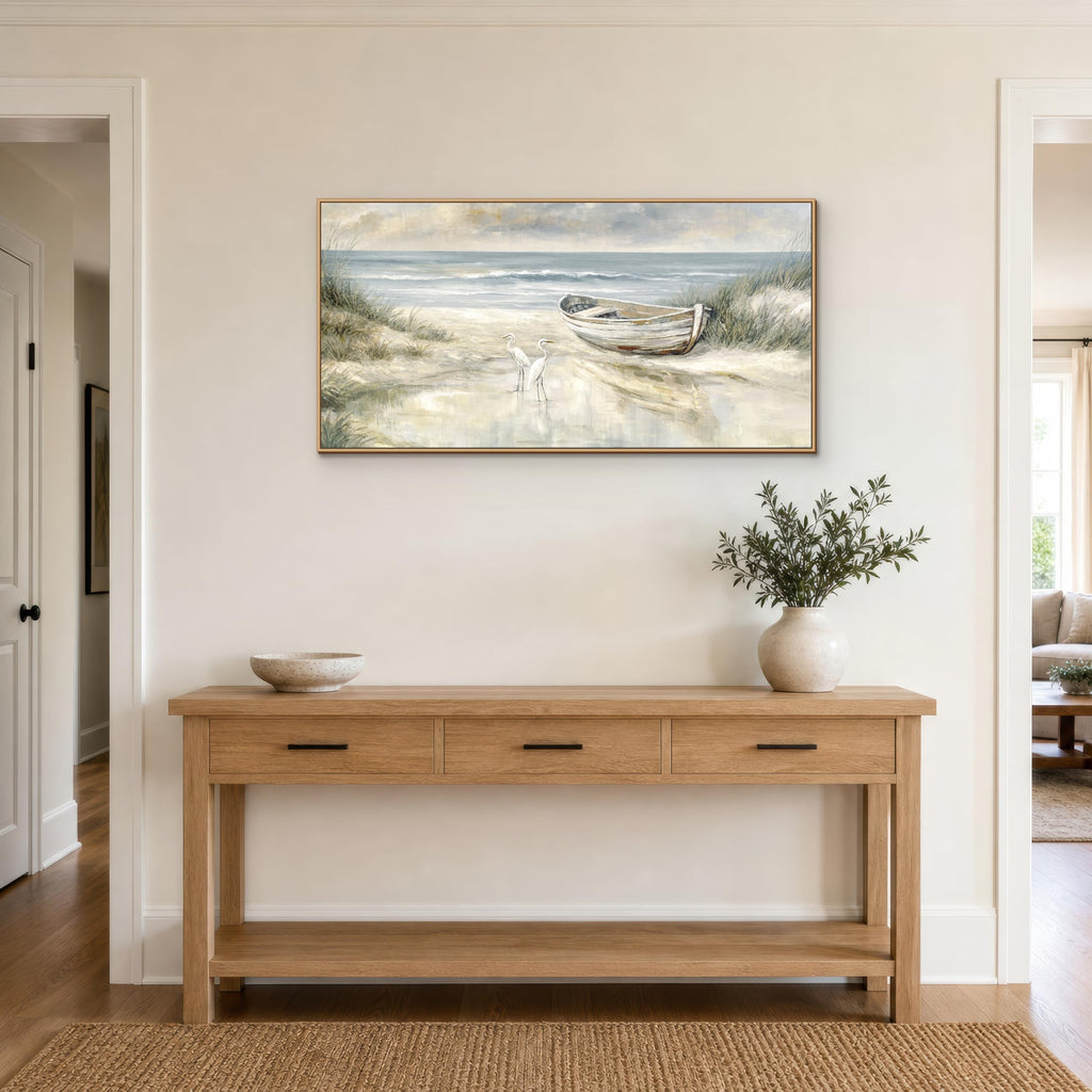 Framed Coastal Wall Art, Blue Gray Beach Canvas Print with Rowboat and Shorebirds, Horizontal Ocean Landscape