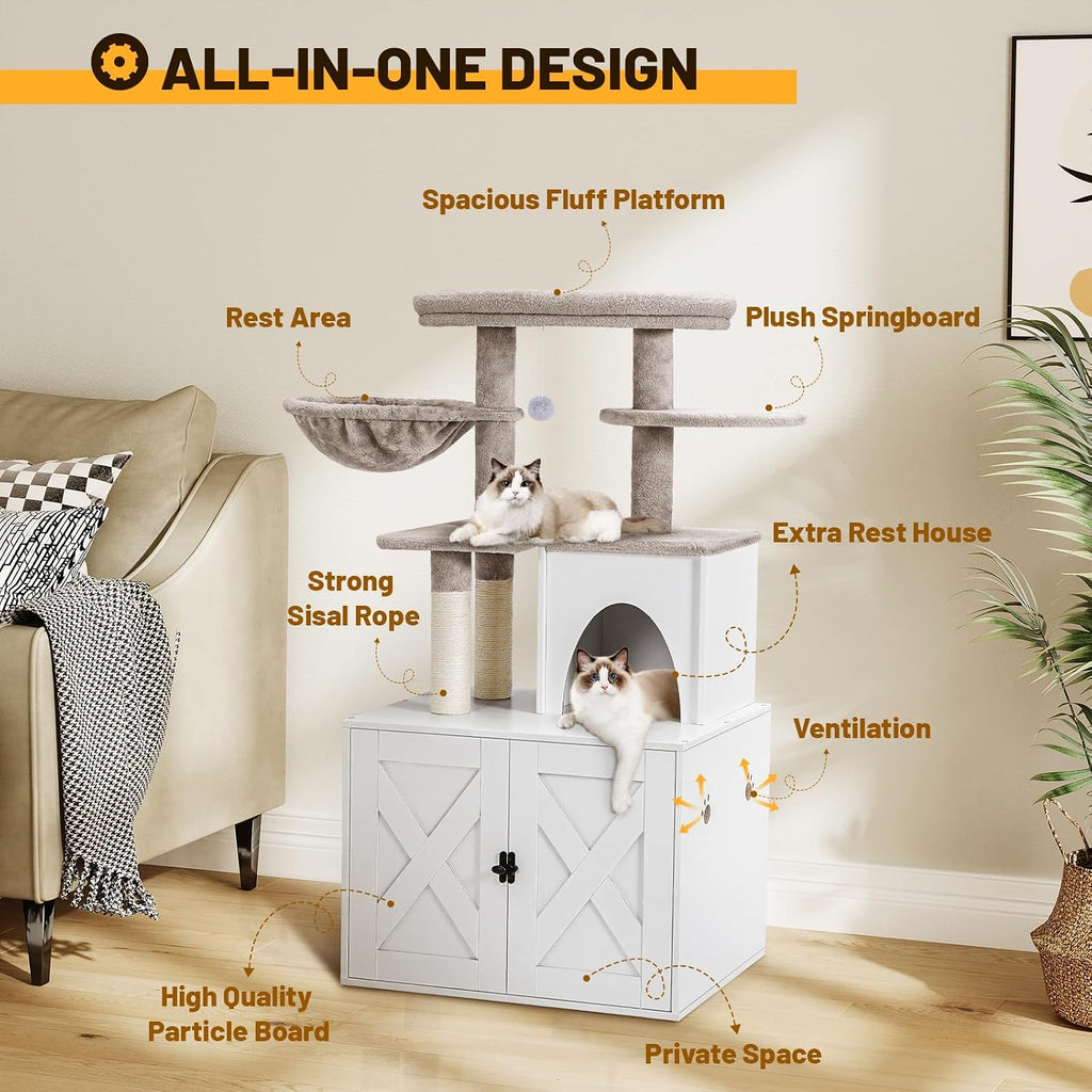 Cat Litter Box Enclosure with Cat Tree Tower and Condo, Hidden Washroom Furniture with Sisal Scratching Post and Soft