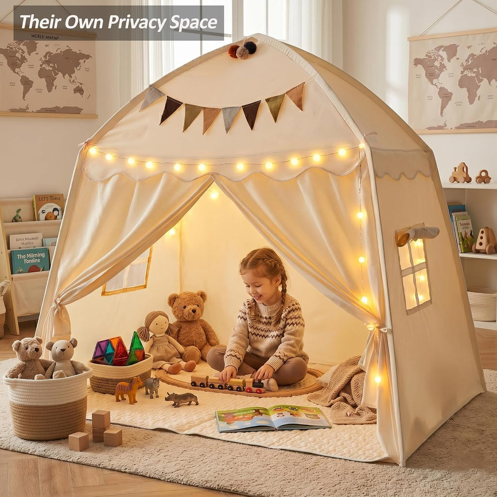 Extra Large Kids Play Tent Indoor: 59x39x59in with Mat Lights Flags Cream