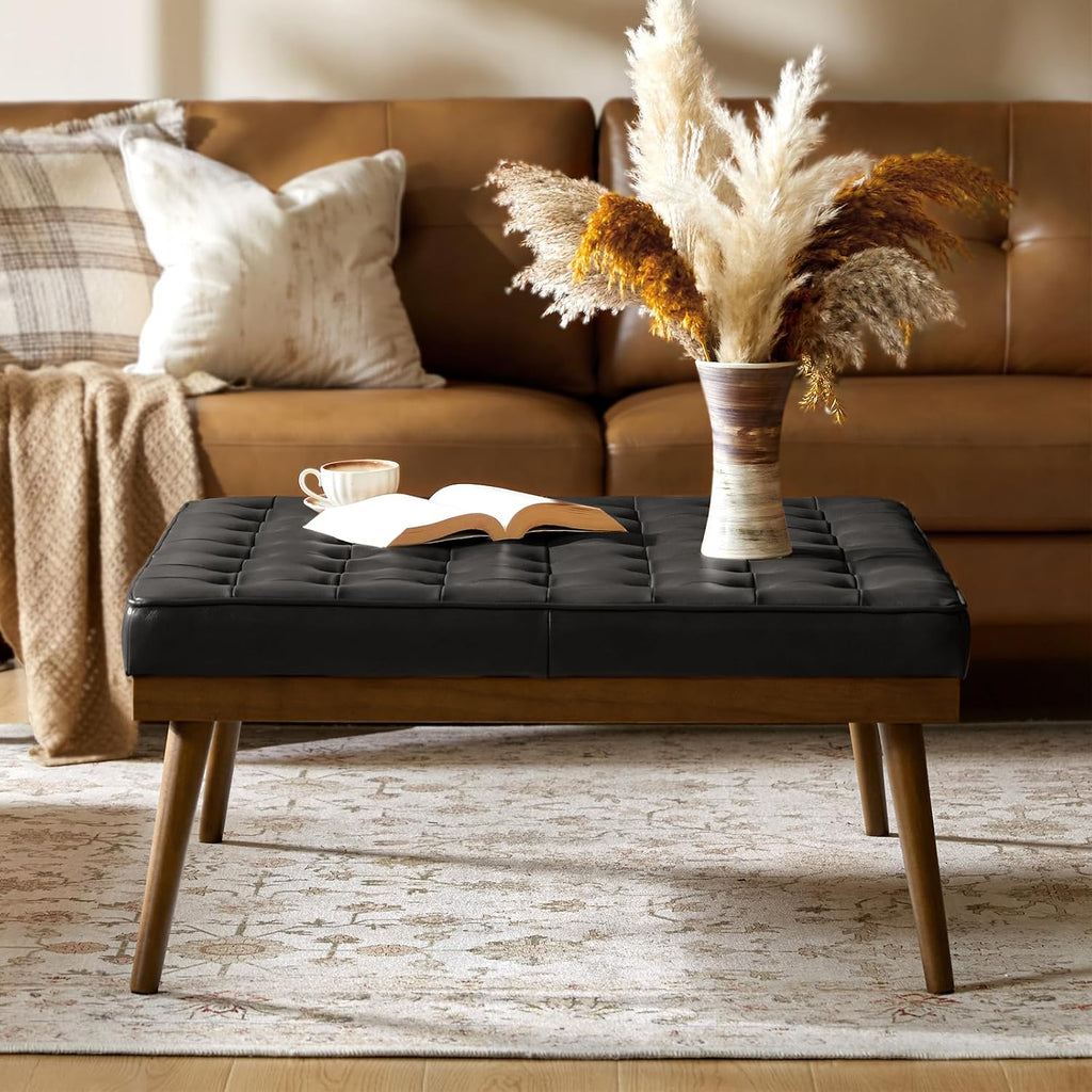 36" Genuine Leather Square Tufted Ottoman Coffee Table, Black | Button Tufted Style, Solid Wooden Flared Legs