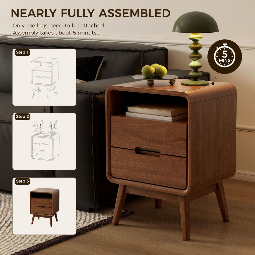 Walnut Nightstand Set of 2, Solid Wood Nightstand with Drawers & Open Storage Shelf, Mid Century Modern Nightstands
