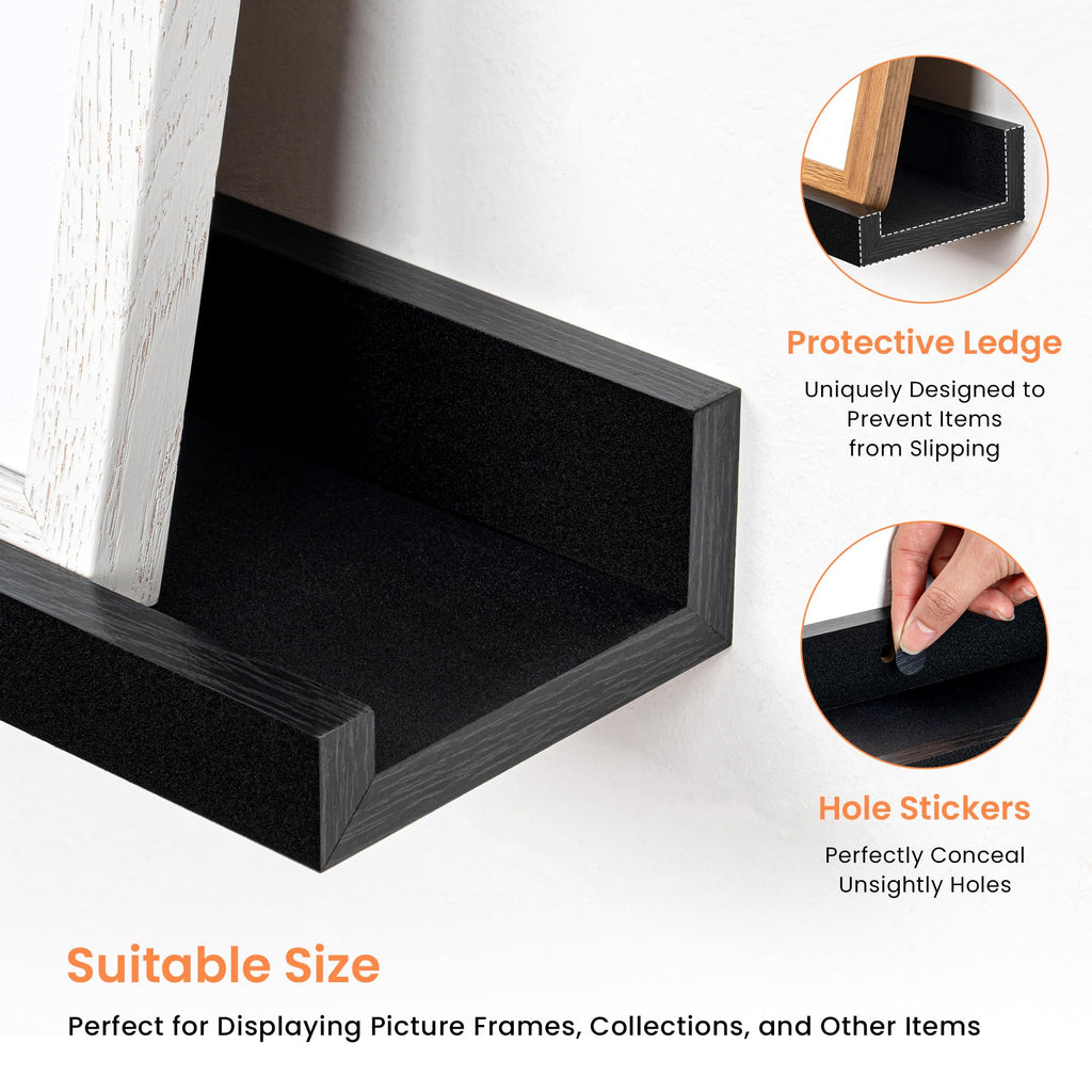 Picture Ledge Shelf, 44 inch Floating Shelves Set of 2, Black Wood Shelf