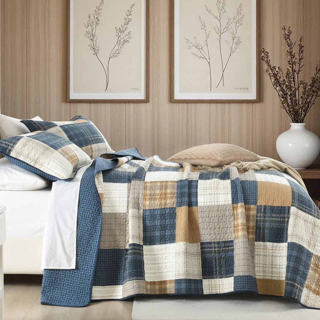 100% Cotton Quilt Set, Rustic Farmhouse Plaid, Blue/Khaki