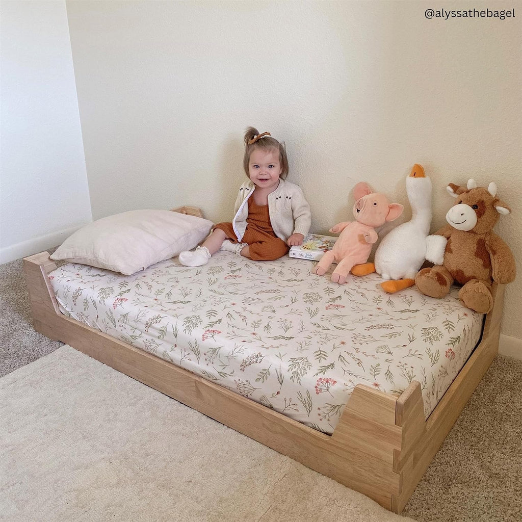 Maverick Montessori Toddler Floor Bed with 2 Heights, Natural Wood Grain