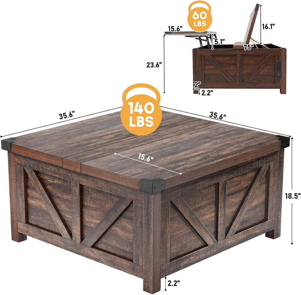 Farmhouse Lift Top Coffee Table with Storage, Wood Square Center Table with Charging Station&USB Port