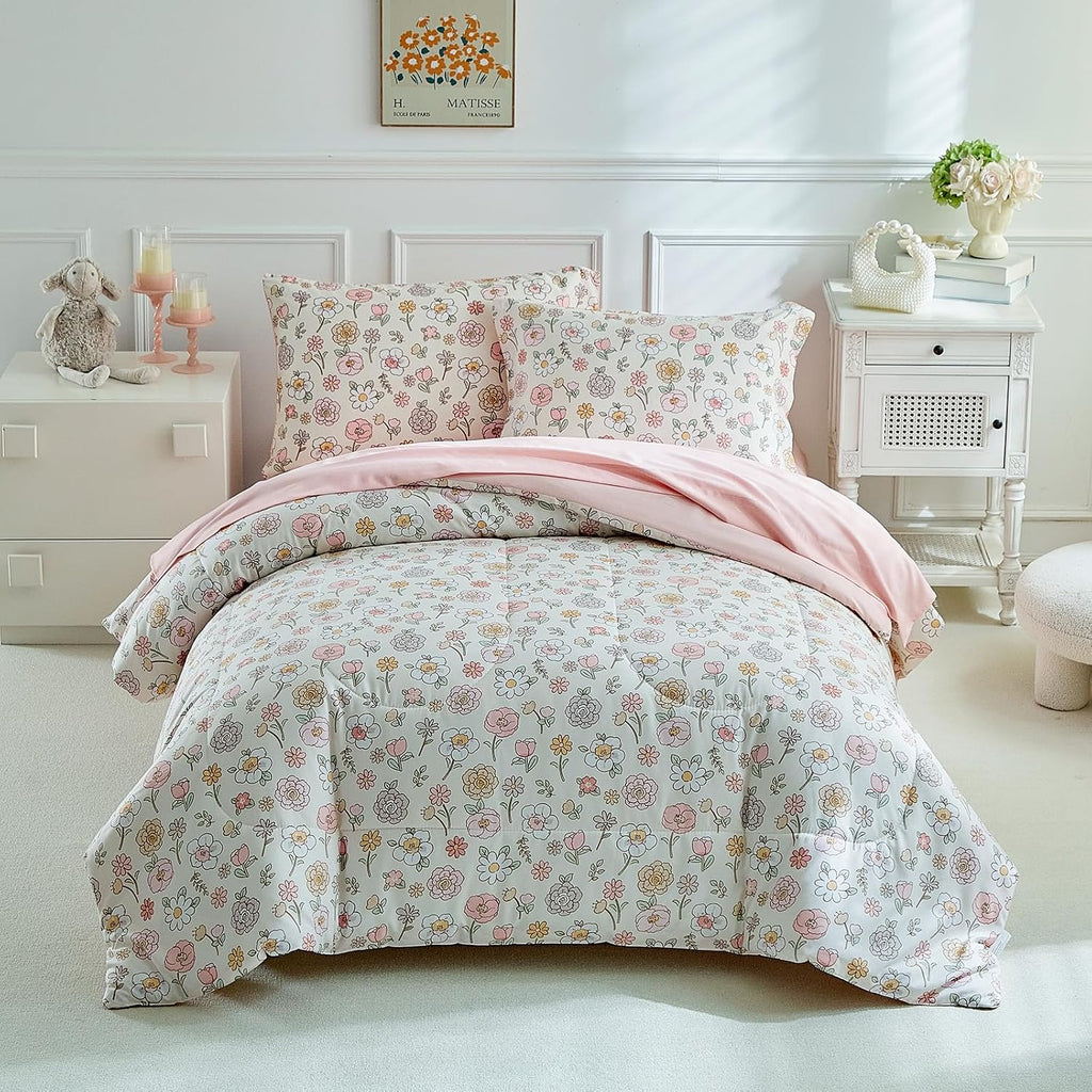 Floral Twin Comforter Set,5 Pieces Twin Bedding Set for Girls,Twin Bed in a Bag, All Season Kids Sheet Set with Comforter, Flat Sheet, Fitted Sheet, Pillowcase and Pillow Sham-Pink Floral