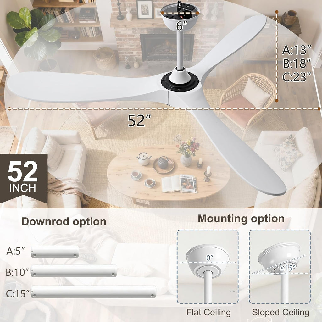 Inspired Maverick Style 52" White Ceiling Fans Without Lights, 52 Inch Outdoor Ceiling Fans no Lights, 3 Blade Solid Wood Waterproof Ceiling Fan with Remote Control for Indoor Outdoor Farmhouse/Patio Porch - White Blades A102-B0CMTJTWLL