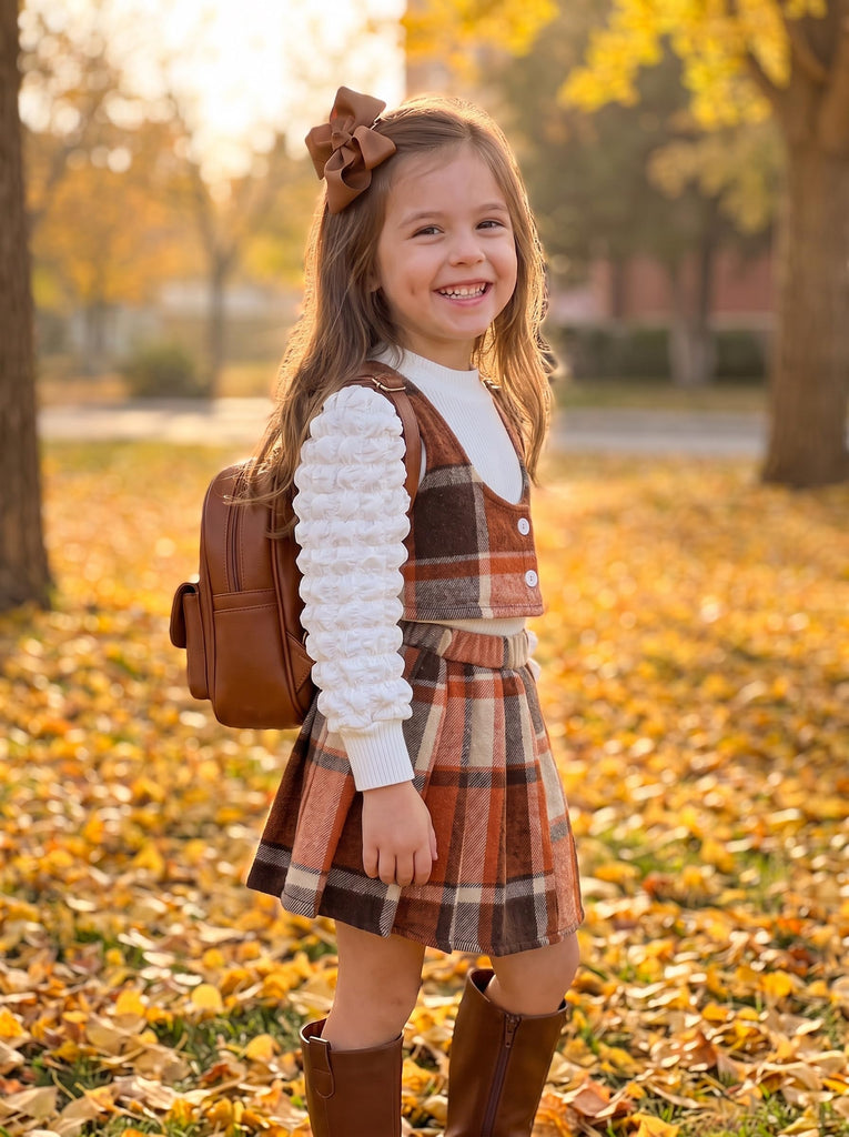 Toddler Girls Plaid Outfits Puff Sleeve Knit Ribbed Tops Button Down Vest Plaid Skirt Set Girls Fall Winter Clothes