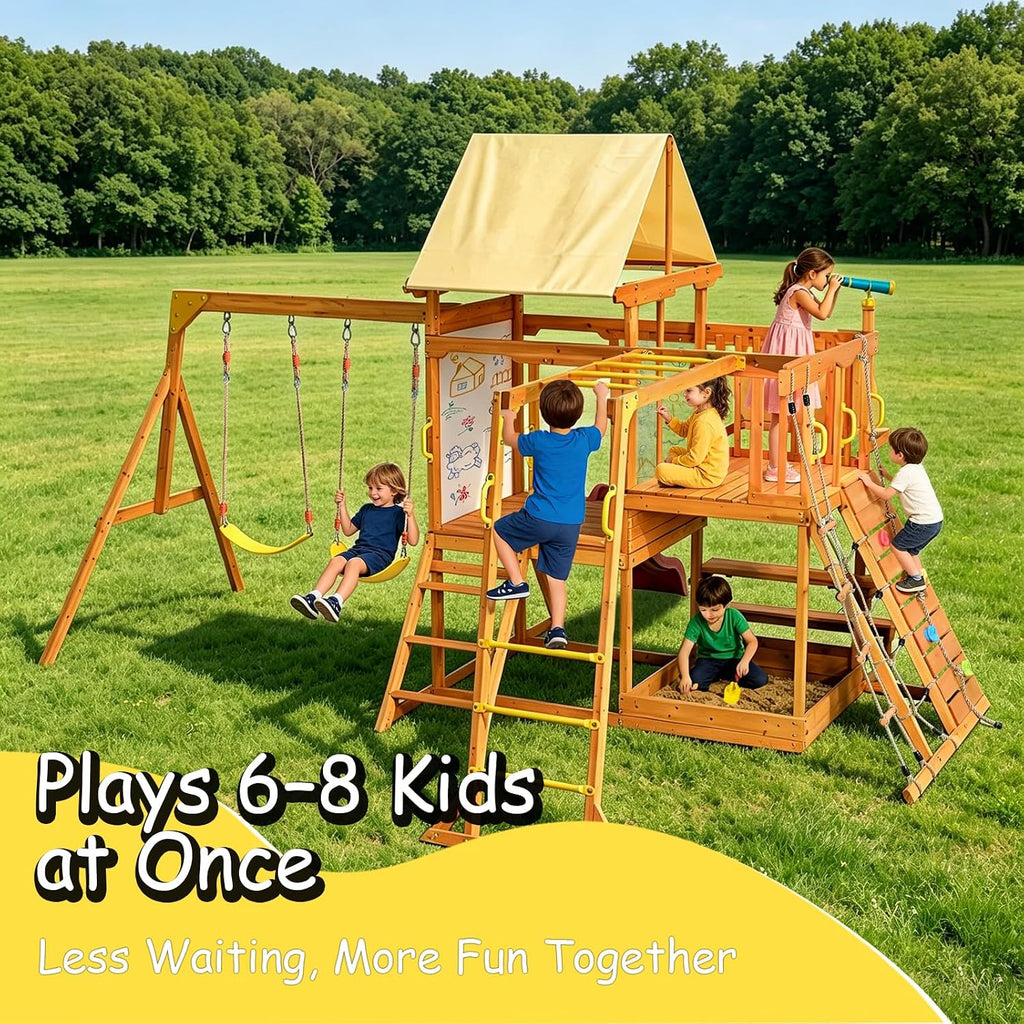 Wooden Swing Sets for Backyard, Outdoor Playground Playset for Kids Ages 3-10