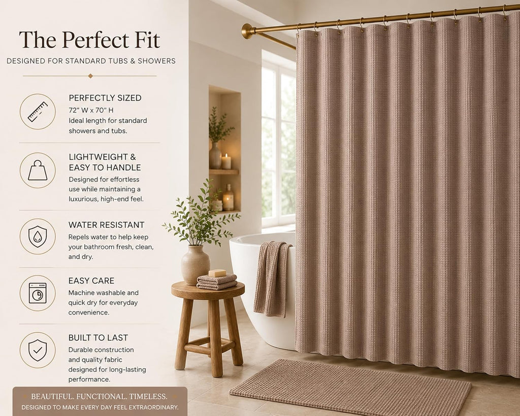 Hotel Style Waffle Weave Shower Curtain, Textured Fabric Shower Curtain, Water Resistant Polyester with Stitched Hook