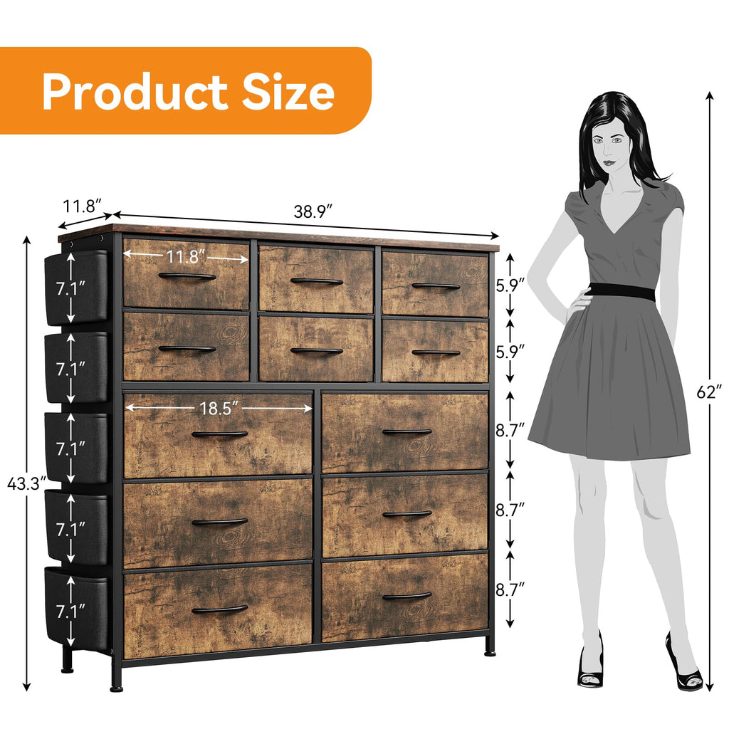 12, Chest of Drawers with Side Pockets and Hooks, Fabric Storage, Sturdy Steel Frame, Wood Top, Easy Pull Handle