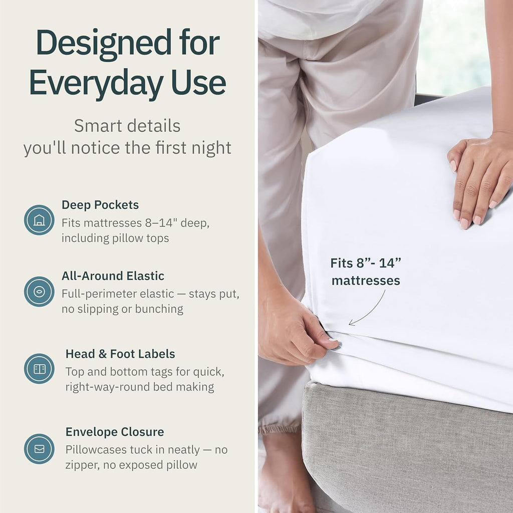 Super Soft 100% Cotton Queen Sheet Set - 4 Pcs - Durable Sheets, Deep Pockets, Easy Fit, Lightweight & Breathable