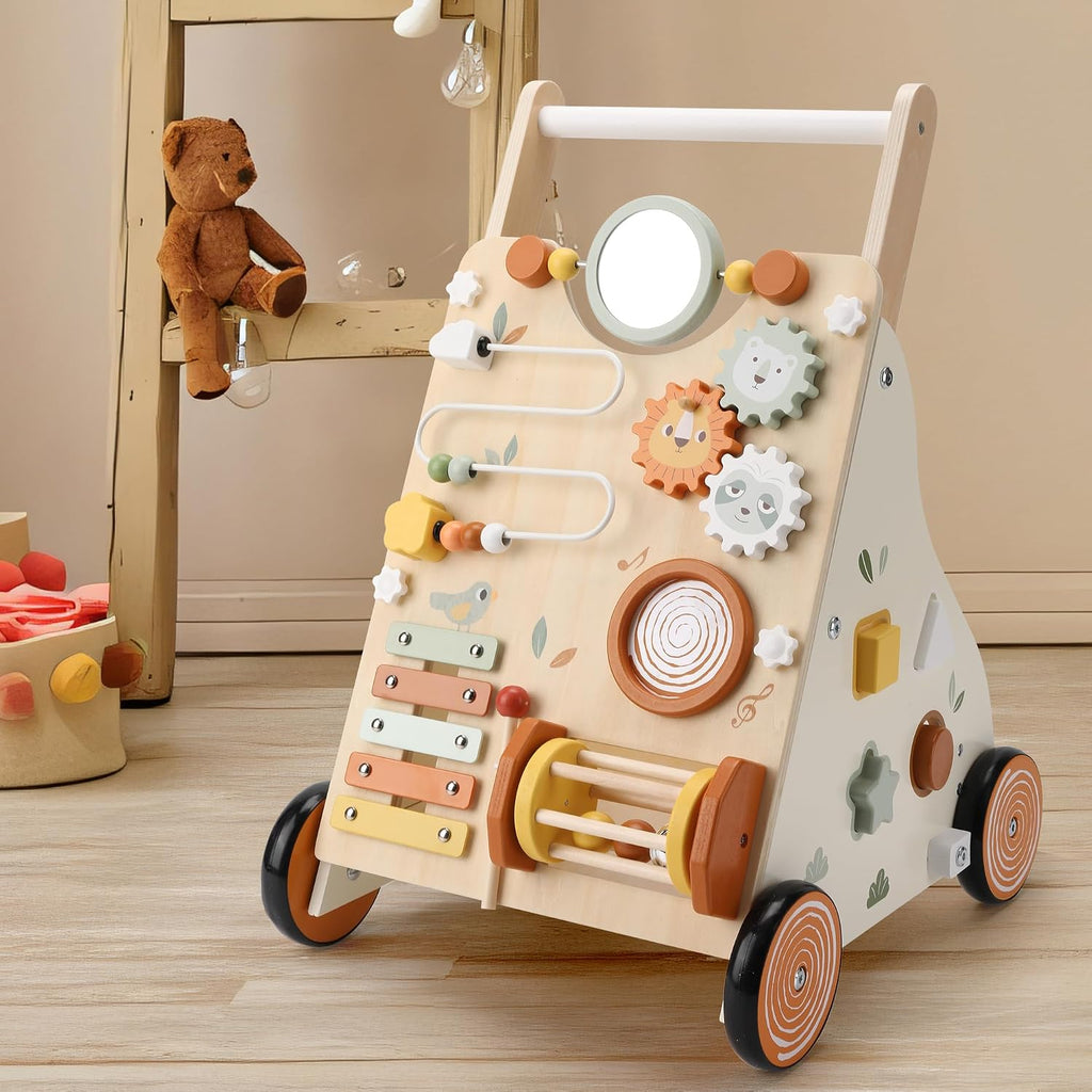 Wooden Baby Walker, Baby Push Walker with Activity Center for Girls Boys, Montessori Push Walker Toys for Babies