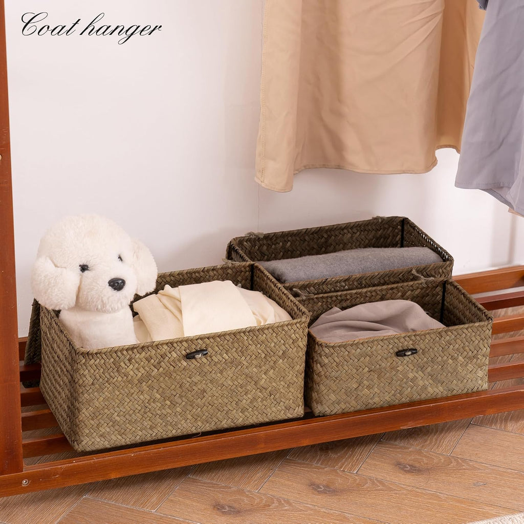 Seagrass Storage Baskets with Lid Set of 3,Wicker Basket Storage Bin for Shelves,Rectangular,Boho Decor,Handwoven