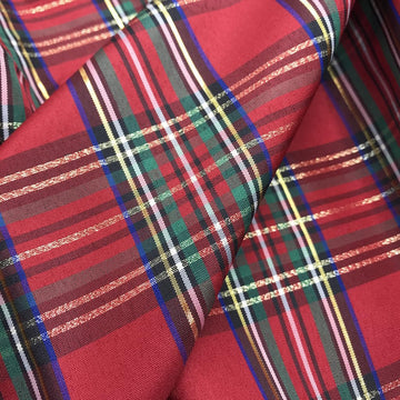 Red Lurex Tartan Plaid Taffeta Fabric with Metallic Gold, 57" W x 36" L