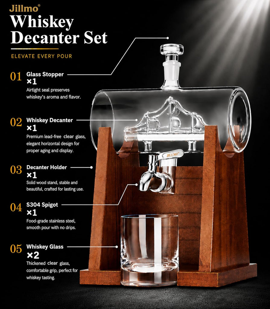 Ship Whiskey Decanter Set for Men, 1250ml Liquor Decanter Gift with Ship Inside, 2 Whiskey Glasses & Wooden Stand