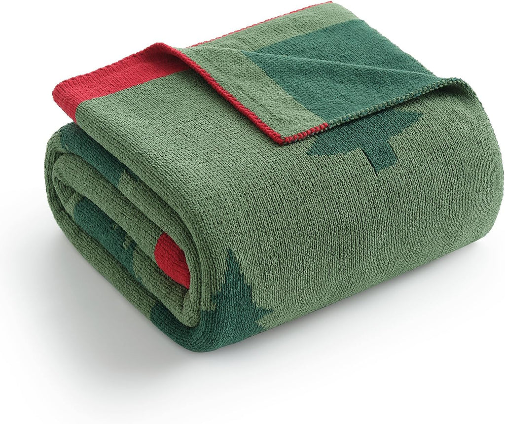 Christmas Knit Throw for Couch, Reversible Soft Cozy Chenille Blanket Decor Gift for Family, 50" x 60", Green