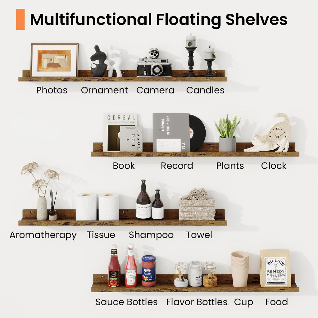 Picture Ledge Shelf, 32 inch Floating Wood Shelves Set of 2, Rustic Brown