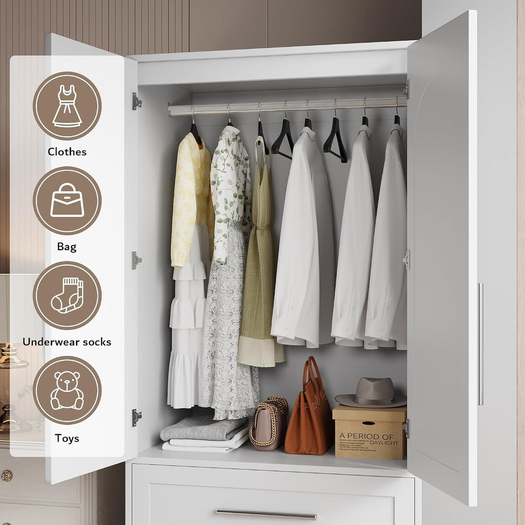 Armoire Wardrobe Closet with 2 Drawers, Modern Wooden Bedroom Armoire with Doors, Clothing Storage Cabinet with