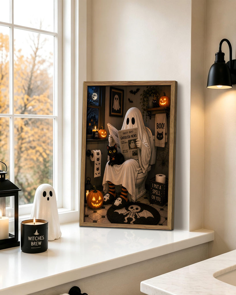 Funny Halloween Bathroom Wall Art, Ghost Black Cat Framed Canvas Print Poster, Cute Spooky Restroom Wall Decor
