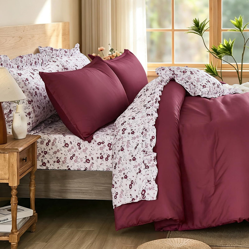 8PC Comforter Set Burgundy, Ruffle Comforter with Floral Sheets