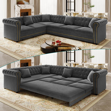 Sectional Sleeper Sofa, 115.3" L-Shaped Couch with Pull Out Couch, Gray
