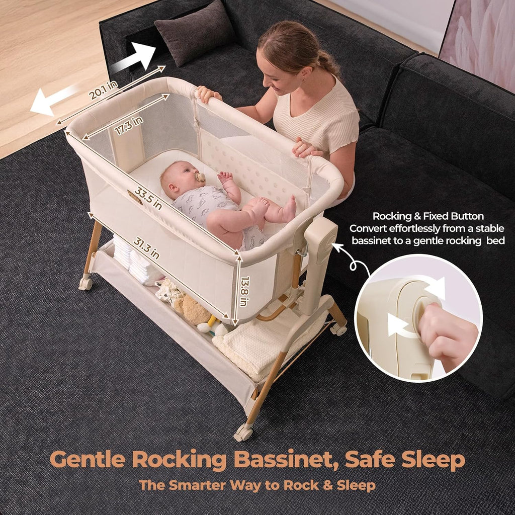 Baby Bassinet Bedside Sleeper: 3-in-1 Rocking Bassinet for Baby - Breathable Full-Mesh Crib with Mattress | 6 Height