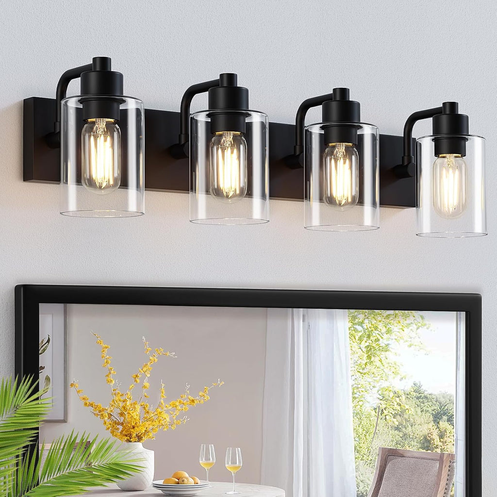 Bathroom Vanity Light, Modern Matte Black 4-Light Bathroom Lights Over Mirror with Clear Glass Shade,Wall Sconces