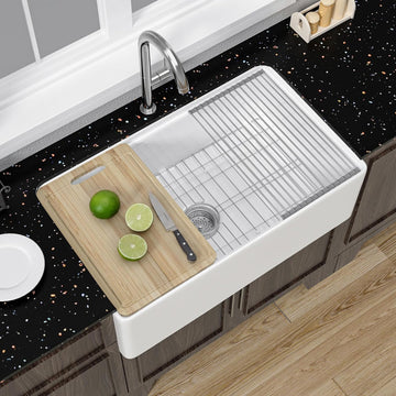 31 x 18 Inch White Farmhouse Workstation Kitchen Sink Apron Front | ,Single bowl fireclay farm sink