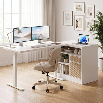 67" L-Shaped Electric Standing Desk with 2 Drawers & Storage | Corner Height Adjustable Sit Stand Desk with File
