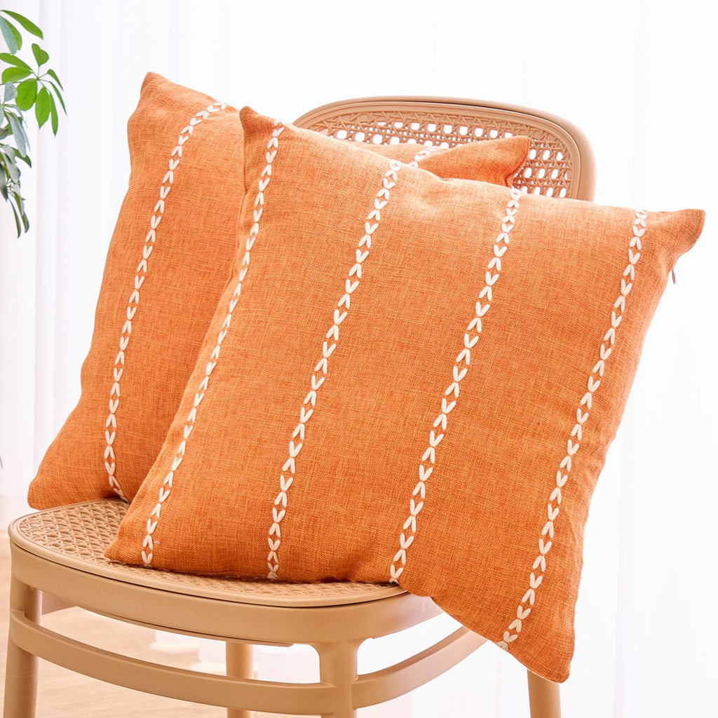 Orange Fall Striped Cotton Linen Decorative Throw Pillow Cover Embroidery Square Cushion Cover Pillowcase for Sofa