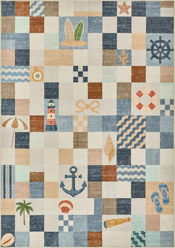 Patchwork Plaid Washable Rug Coastal Classroom (Checkerboard Blue, 5' x 7')