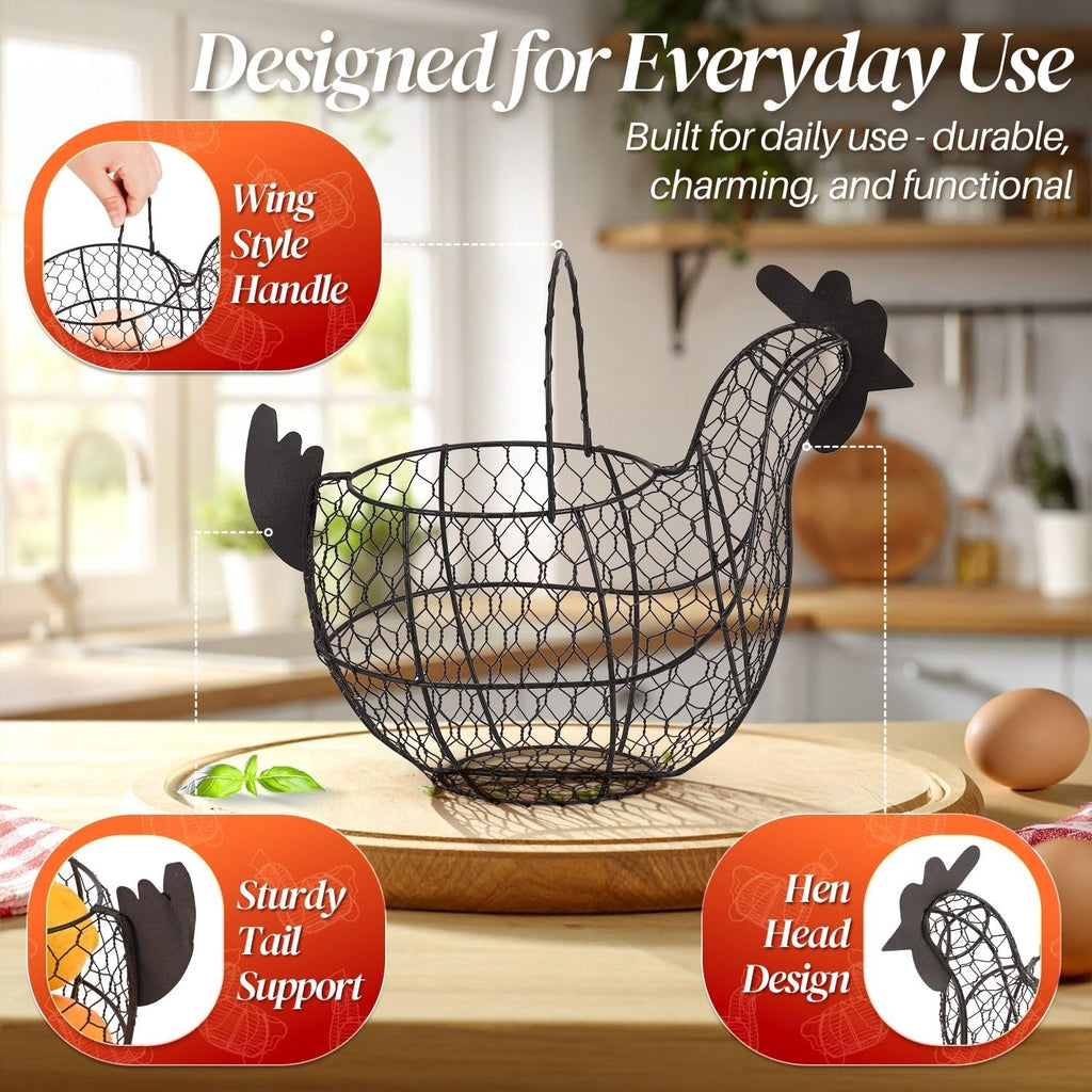 Egg Basket for Gathering Fresh Eggs, Black Wire Chicken Egg Collecting Basket Countertop, 24-Egg Metal Holder with
