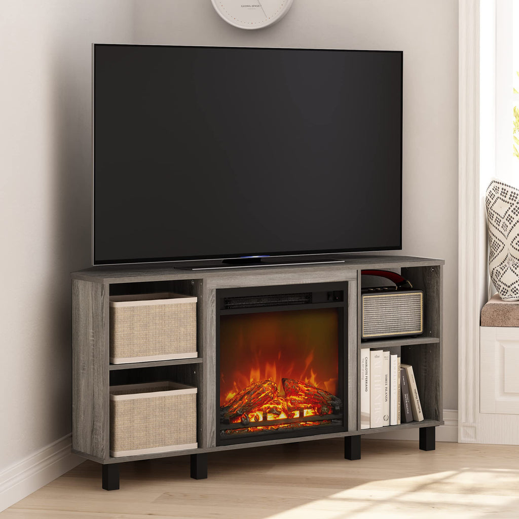 Corner Fireplace TV Stand for 55 Inch TV, French Oak Grey