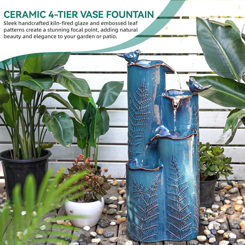 AUTODAYA 32" H Ceramic Outdoor Water Fountain, 4-Tier Tropical Cascading Waterfall with LED