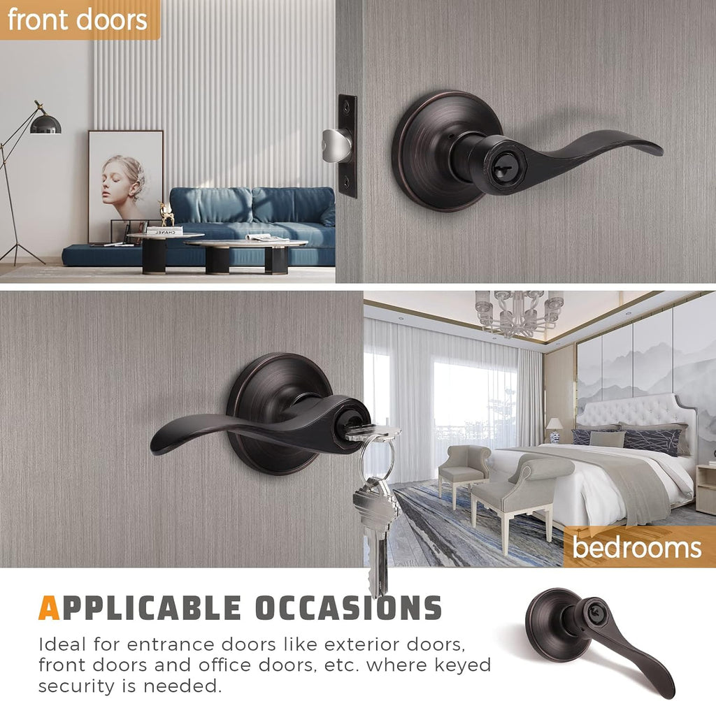 2 Pack Bronze Door Knobs, Exterior Door Handle Levers for Gate/Front Doors, Rubbed Brush Entry Door Handle with Lock