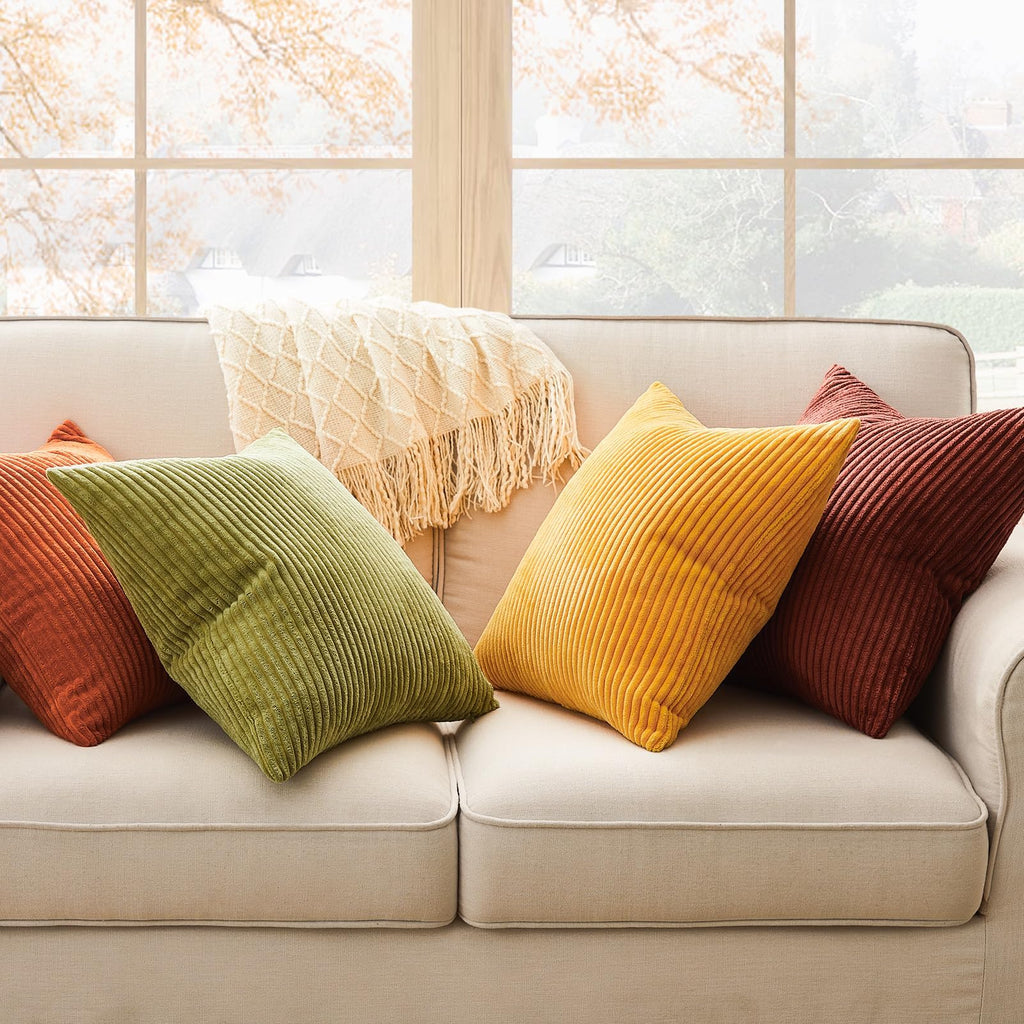 Fall Burnt Orange Decorative Throw Pillows Covers 24x24 Inch Set of 4, Yellow Green Gradient Series Corduroy Striped